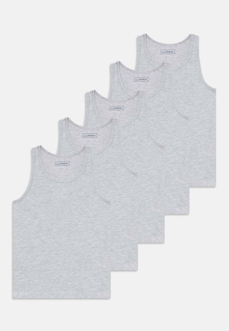 Cinq débardeurs en coton gris avec un col rond et de larges bretelles, présentant une texture lisse et un motif chiné subtil.