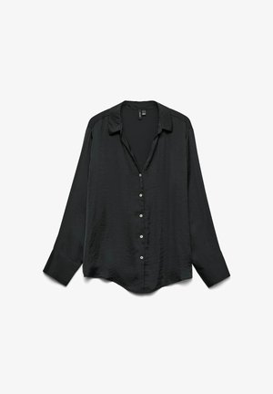 Juodas ilgos rankovės marškinis, pagamintas iš lengvos medžiagos, su užsegimu mygtukais priekyje, apykakle ir laisvu siluetu su šiek tiek suapvalintu apatine dalimi.