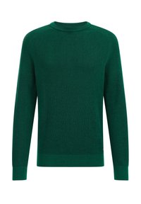 Groene geribde trui met een ronde hals, lange mouwen en een aansluitende zoom. Gemaakt van een textuur gebreide stof. Essentieel voor het laagjes dragen.