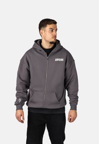 Felpa grigia con zip e tasca frontale, con la scritta "CRYSTAL" in bianco e un accento di logo sulla manica. Realizzata in tessuto morbido e testurizzato.