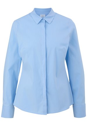 Chemise bleu clair à manches longues avec un col pointu, un devant boutonné et une texture lisse. Équipée d'une coupe ajustée et de manches à poignets.