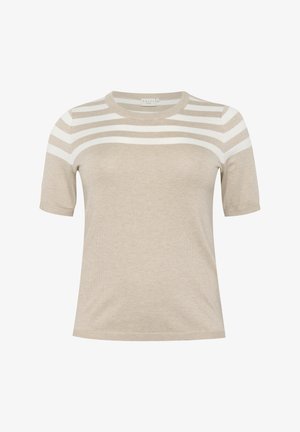 Pulover tricotat bej, cu mânecă scurtă, cu dungi orizontale albe pe partea superioară a pieptului și umerilor. Guler rotund. Textură moale.