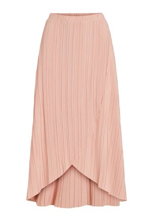 Jupe midi plissée rose clair avec devant asymétrique façon portefeuille et taille élastique.