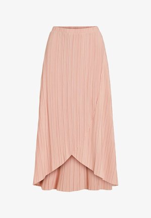 Šviesiai rožinė klostuota midi sijonas su asimetriška priekine apvija ir elastiniu liemeniu.