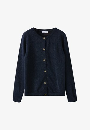 Marineblauer langärmeliger Cardigan mit dezentem Schimmer, Rundhalsausschnitt und sechs goldenen Knöpfen auf der Vorderseite.
