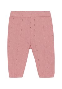 Rosa Baumwollhosen mit einer strukturierten Crinkle-Oberfläche, verziert mit kleinen gestickten Blumenmustern, schmal zulaufenden Beinen und einem elastischen Bund.