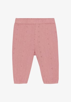 Roze katoenen broek met een gestructureerde kreukelfinish, voorzien van kleine geborduurde bloemenpatronen, taps toelopende benen en een elastische tailleband.