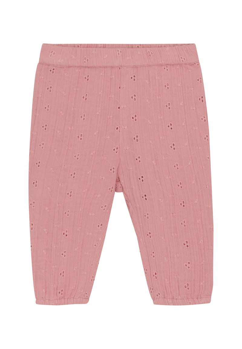 Rosa Baumwollhosen mit einer strukturierten Crinkle-Oberfläche, verziert mit kleinen gestickten Blumenmustern, schmal zulaufenden Beinen und einem elastischen Bund.