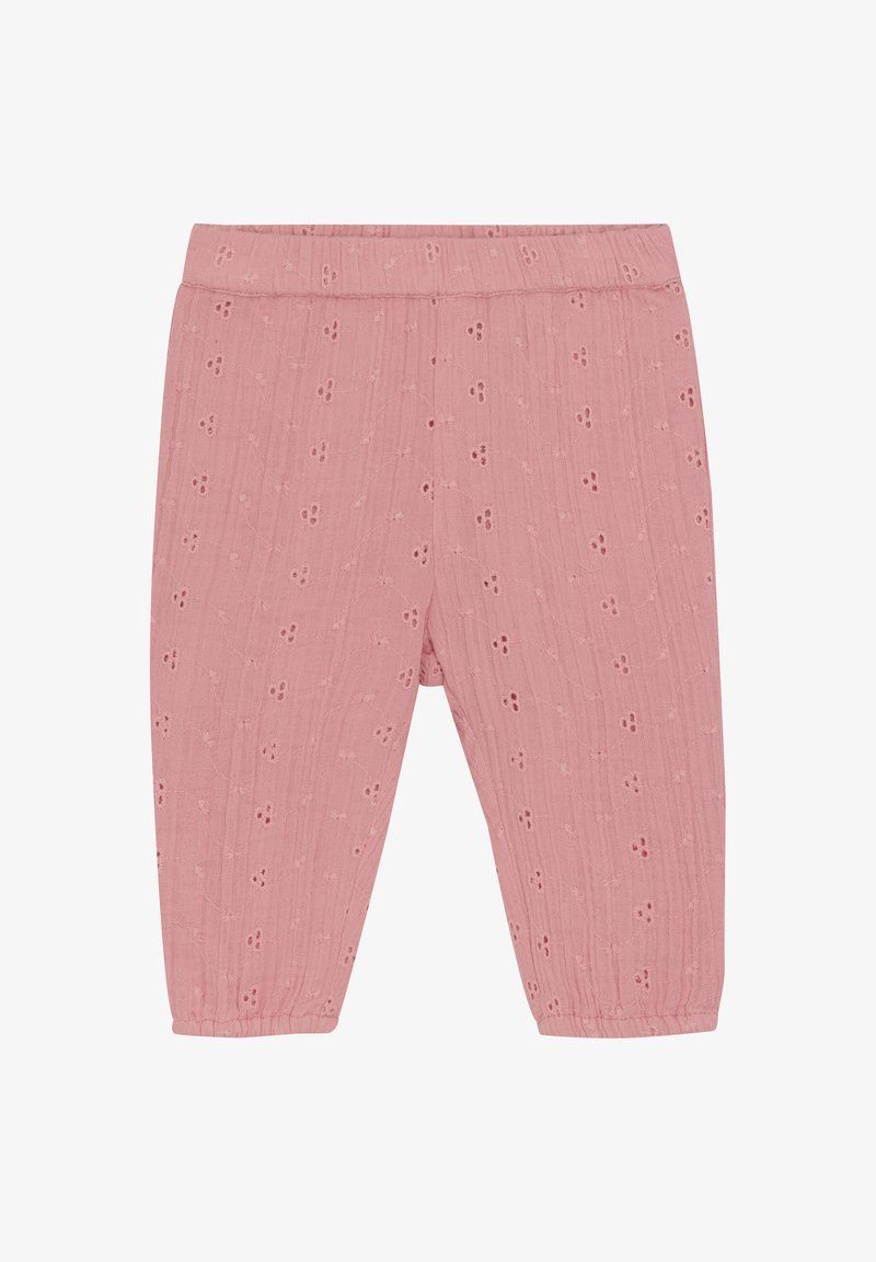 Rosa Baumwollhosen mit einer strukturierten Crinkle-Oberfläche, verziert mit kleinen gestickten Blumenmustern, schmal zulaufenden Beinen und einem elastischen Bund.