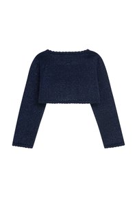 Marineblauer, kurz geschnittener Pullover mit langen Ärmeln, geripptem Muster, gewelltem Saum und einem dezenten Schimmer im gesamten Stoff.