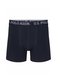 Tengerészkék pamut boxer alsónadrág fehér elasztikus derékkal, amelyen a "U.S. POLO ASSN." felirat található; sima textúra és testhez álló kialakítás.