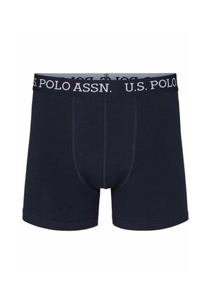 Navyblaue Baumwoll-Boxershorts mit einem weißen elastischen Bund, der den Text "U.S. POLO ASSN." trägt; glatte Textur und enganliegendes Design.