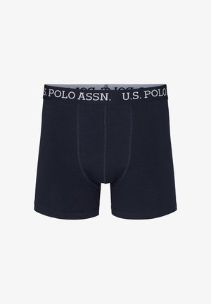 Tummansinisen puuvillaisen bokserishortsit, joissa on valkoinen elastinen vyötärö, jossa on teksti "U.S. POLO ASSN."; sileä pinta ja istuva muotoilu.