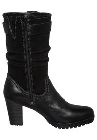 Stivale alla caviglia nero con parte anteriore in pelle liscia, tomaia in suede, design arricciato, cerniera laterale, tacco grosso e suola robusta per una buona aderenza.