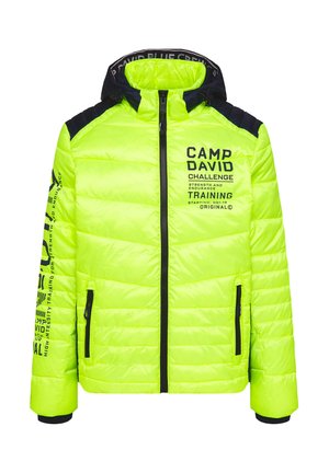 Hochsichtbare neongrüne Daunenjacke mit Reißverschluss vorne, schwarzen Akzenten an den Schultern und bedrucktem Branding an den Ärmeln. Verfügt über seitliche Taschen.