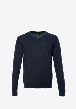 Suéter de pico azul marino hecho de tela suave. Cuenta con mangas largas, puños y dobladillo de canalé, y un diseño minimalista sin patrones ni adornos.