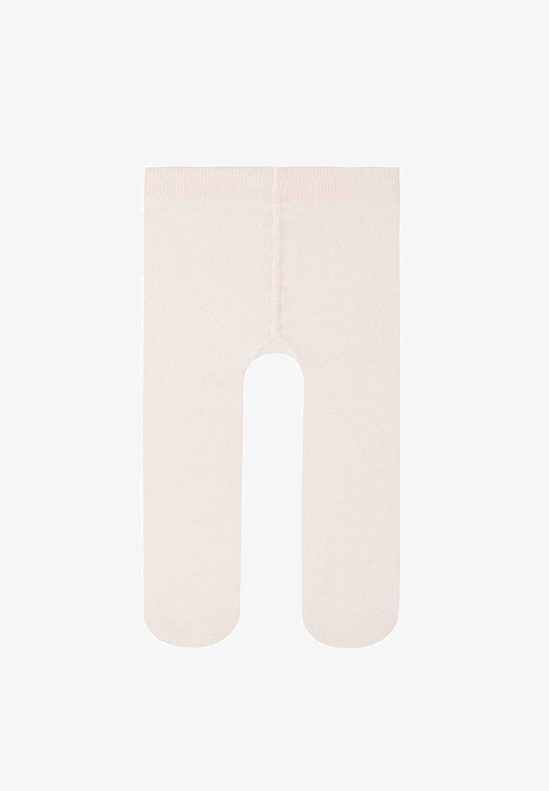 Lys rosa bomuldsstrømpebukser med en glat tekstur, der har et åbent center og en ribbet talje. Flade sømme løber langs kanterne.
