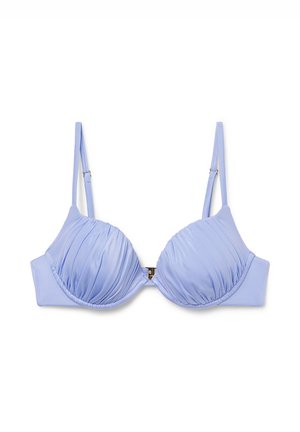 Light blue padded bra with pleated texture, adjustable straps, and metal hook closure. Smooth fabric with no visible patterns or accents.