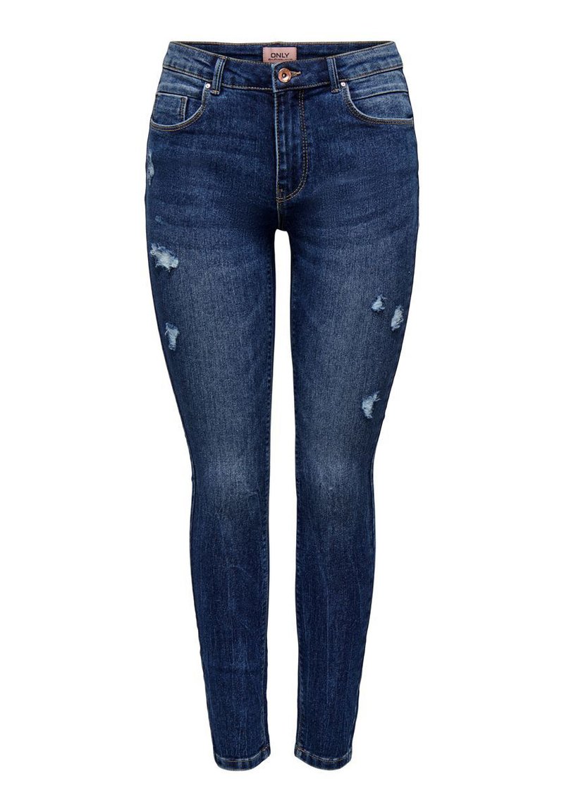 Jeans ajustados en denim azul oscuro con detalles desgastados en los muslos. Presenta una cinturilla estándar, presillas para cinturón y un diseño de cinco bolsillos.