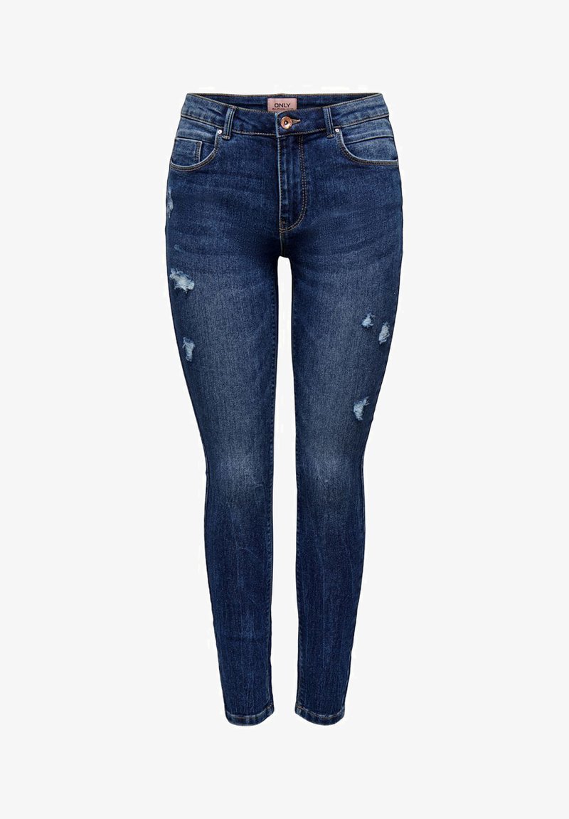 Szoros farmernadrág sötétkék denim anyagból, a comboknál kopott részletekkel. Normál derékpánttal, övbujtókkal és öt zsebes kialakítással rendelkezik.