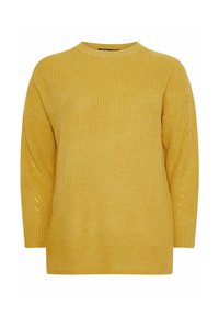 Pull en tricot jaune avec un col rond, des manches longues et une coupe ample. Présente un tissu texturé et de petits détails sur les manches.