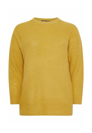 Pullover giallo lavorato a maglia con scollatura rotonda, maniche lunghe e vestibilità ampia. Presenta un tessuto texturizzato e piccoli dettagli sulle maniche.