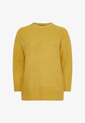 Pullover giallo lavorato a maglia con scollatura rotonda, maniche lunghe e vestibilità ampia. Presenta un tessuto texturizzato e piccoli dettagli sulle maniche.