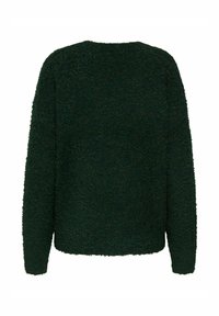 Dunkelgrüner, strukturierter Pullover mit lockerer Passform, rundem Halsausschnitt und langen Ärmeln, aus weichem, fleeceartigen Material. Keine sichtbaren Verschlüsse.