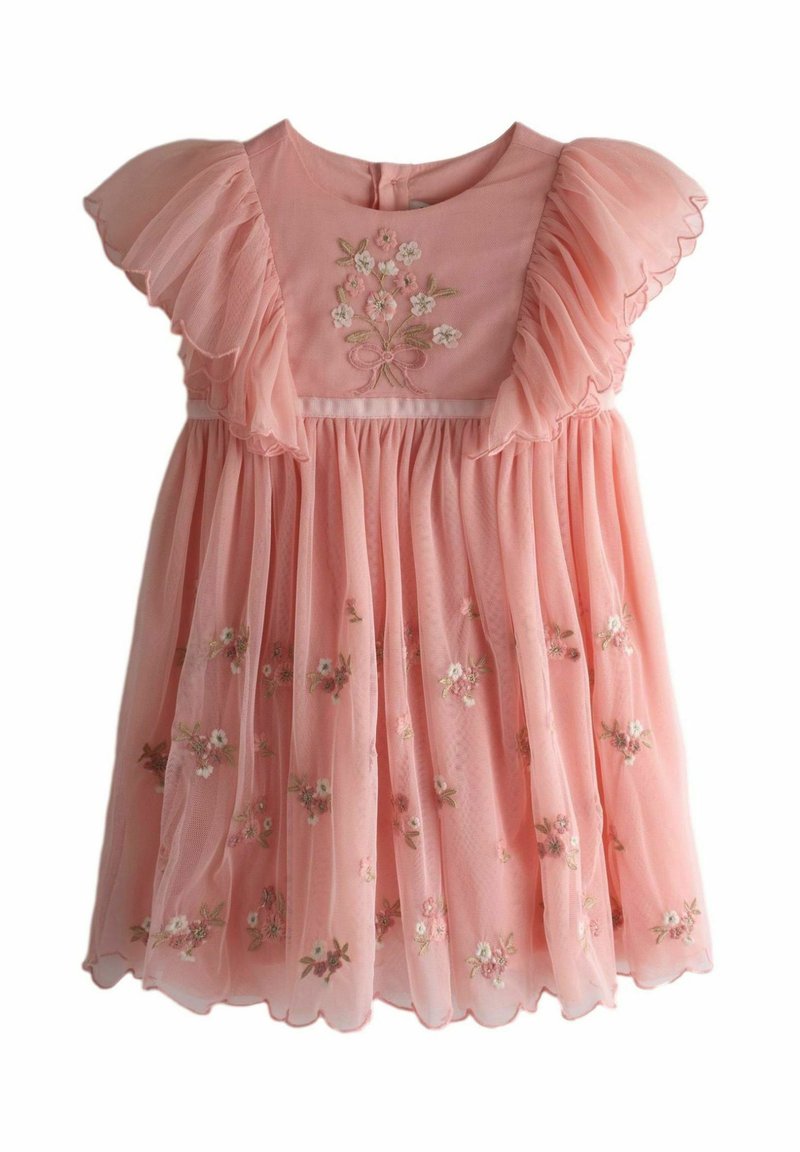 Rosa Kleid aus transparentem Stoff mit gerafften Ärmeln und floraler Stickerei. Der Rock ist plissiert und hat einen wellenförmigen Saum. Verschluss mit Knöpfen an der Rückseite.