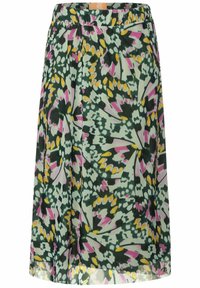 Knee-length skirt with green, yellow, pink, and white abstract floral pattern and gathered waistband.