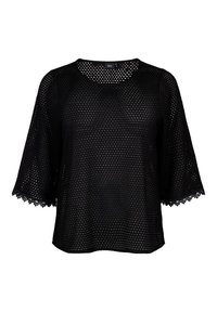 Haut court noir à manches courtes en crochet avec encolure ronde et bordures festonnées en dentelle sur les bords des manches, semi-transparent avec un motif ajouré.