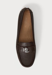 Brown leather loafer with textured surface, featuring a silver "RL" logo on the saddle and a cushioned insole with perforations.
