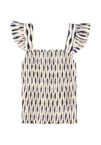 Górna część z marszczonym dżerseju, z niebieskimi i kremowymi pionowymi wzorami, falbaniastymi ramiączkami i prostym, obciętym dołem. Tkanina ma teksturowany wygląd.
