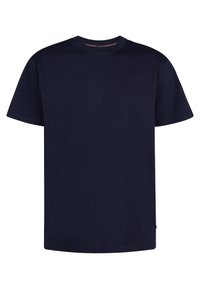 Marineblauw katoenen T-shirt met korte mouwen, een ronde hals en een subtiel logodetail op de bovenkant van de linkerborst. Gladde textuur, reguliere pasvorm.