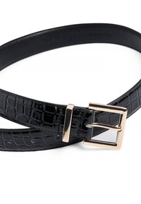 Black faux leather belt with a crocodile texture, featuring a metallic gold rectangular buckle. The belt has multiple adjustment holes.