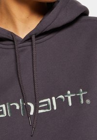Gros plan sur une capuche gris foncé avec un logo Carhartt brodé en vert clair et des cordons visibles près du cou d'une personne.