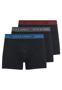 Pack of three black boxer briefs featuring colored elastic waistbands in blue, gray, and red with "JACK & JONES" branding. Soft, stretch fabric.