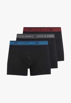 Pachet de trei boxeri negri, cu talie elastică colorată în albastru, gri și roșu, având brandul "JACK & JONES". Material moale și elastic.