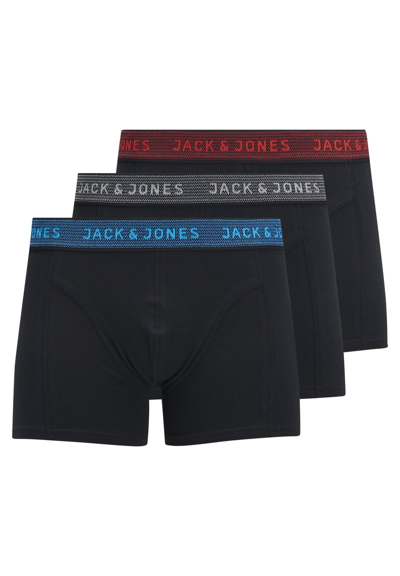 Pack of three black boxer briefs featuring colored elastic waistbands in blue, gray, and red with "JACK & JONES" branding. Soft, stretch fabric.