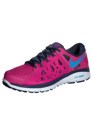Bright pink and navy Nike running shoe with blue swoosh, black laces, mesh upper, and white sole labeled "Dual Fusion."