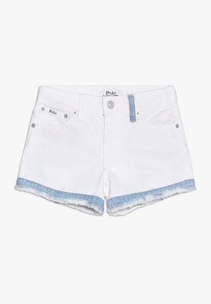 Weiße Denim-Shorts mit blauen ausgefransten Säumen, Vordertaschen, Gürtelschlaufen und Polo Ralph Lauren Label am Bund und an der kleinen Tasche.