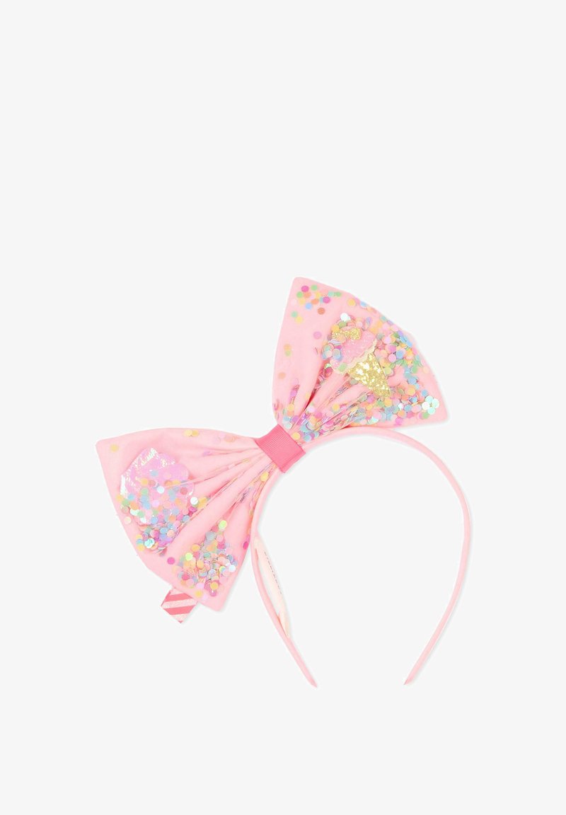 Bandeau en tissu rose avec un grand nœud décoré de confettis multicolores et un petit motif de cône glacé doré et rose.