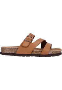 Sandal en cuir marron à enfiler avec des lanières croisées et une boucle sur le côté. Semelle en liège et semelle en caoutchouc texturé. Design plat, style décontracté.