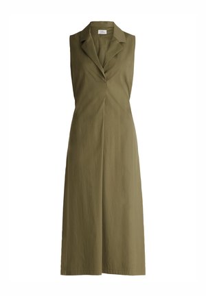 Sleeveless midi dress in olive green. Features a notched collar, V-neckline, and subtle draping. Smooth fabric with a relaxed fit.