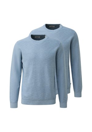 Due maglioni azzurri chiari a maniche lunghe con scollo tondo, polsini e bordi a costine, mostrati su sfondo bianco.