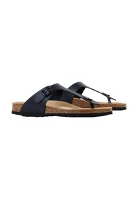 Sorte tongsandaler med korkfodersål, der har en spænde accent og en tekstureret gummisål. Fladt design til hverdag.