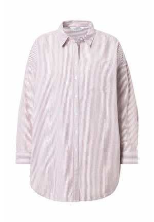 Červeno-bílá pruhovaná košile na knoflíky s klasickým límcem, dlouhými rukávy, jednou náprsní kapsou a rovním lemem. Vyrobena z lehkého materiálu.