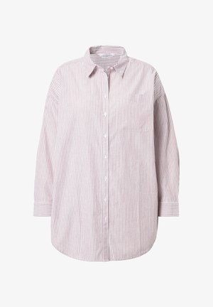 Red and white striped button-up shirt with a classic collar, long sleeves, single chest pocket, and straight hem. Made of lightweight fabric.