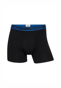 Sorte stretch boxers med en blå og sort stribet elastik. Har en pouches design og en glat tekstur for komfort.