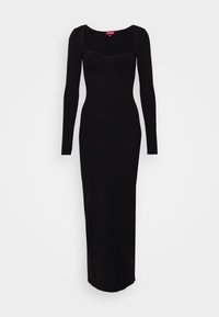 Robe midi noire près du corps, à manches longues, col carré et texture côtelée subtile.